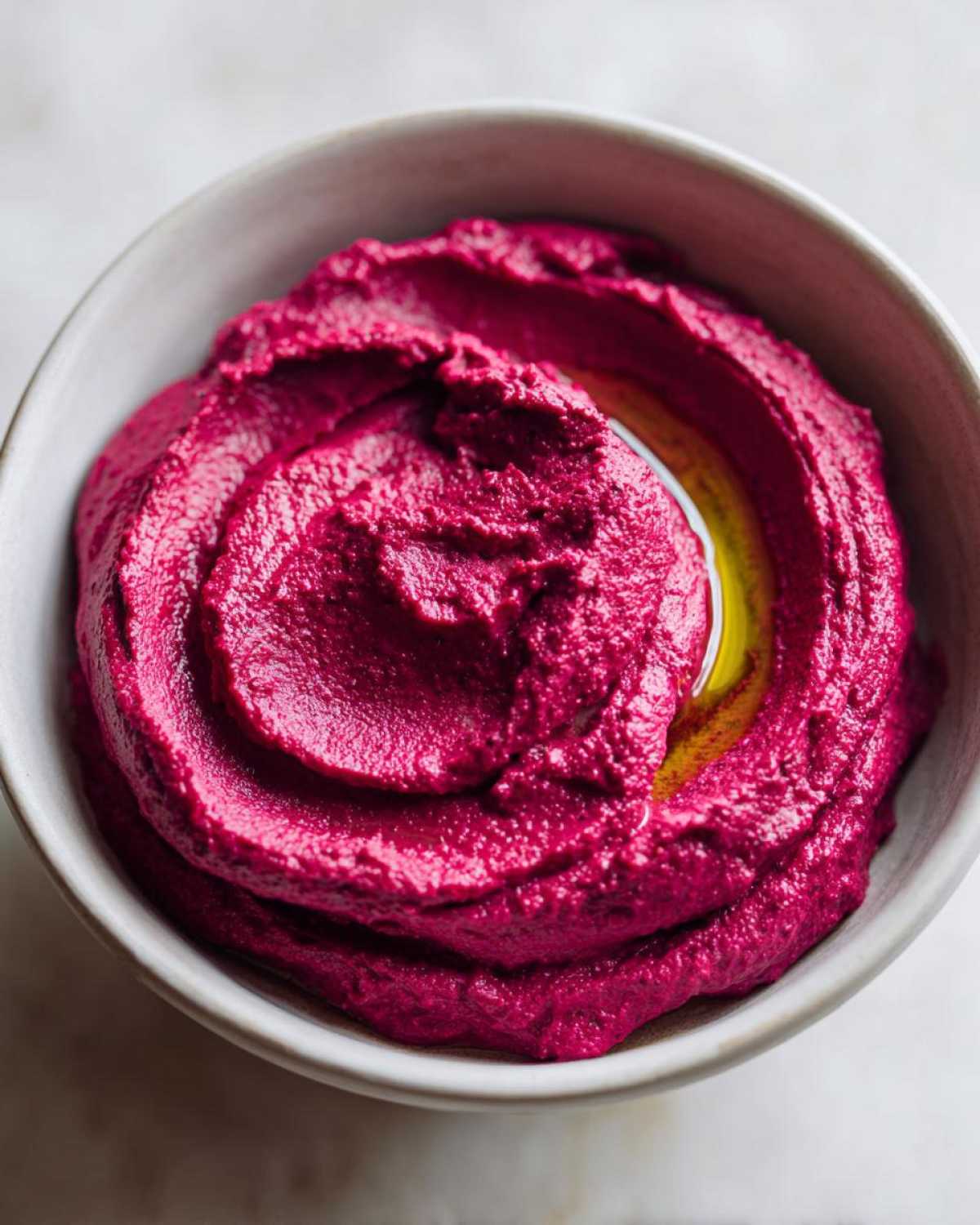 A close-up of vibrant, magenta Vegan Creamy Roasted Beet Hummus swirled in a light gray bowl, topped with olive oil.