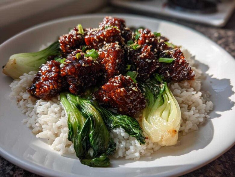 A close-up of a Vegan Crispy Sesame Tempeh Bowl featuring glazed tempeh pieces over white rice and wilted bok choy, sprinkled with sesame seeds.