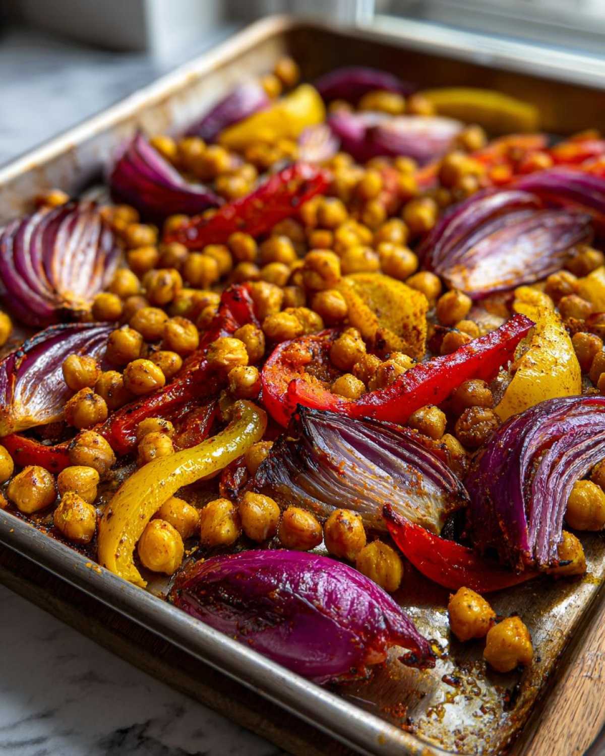 Close-up of roasted chickpeas, red onion wedges, and bell peppers seasoned for Vegan One-Pan Chickpea Shawarma Sheet Bake.