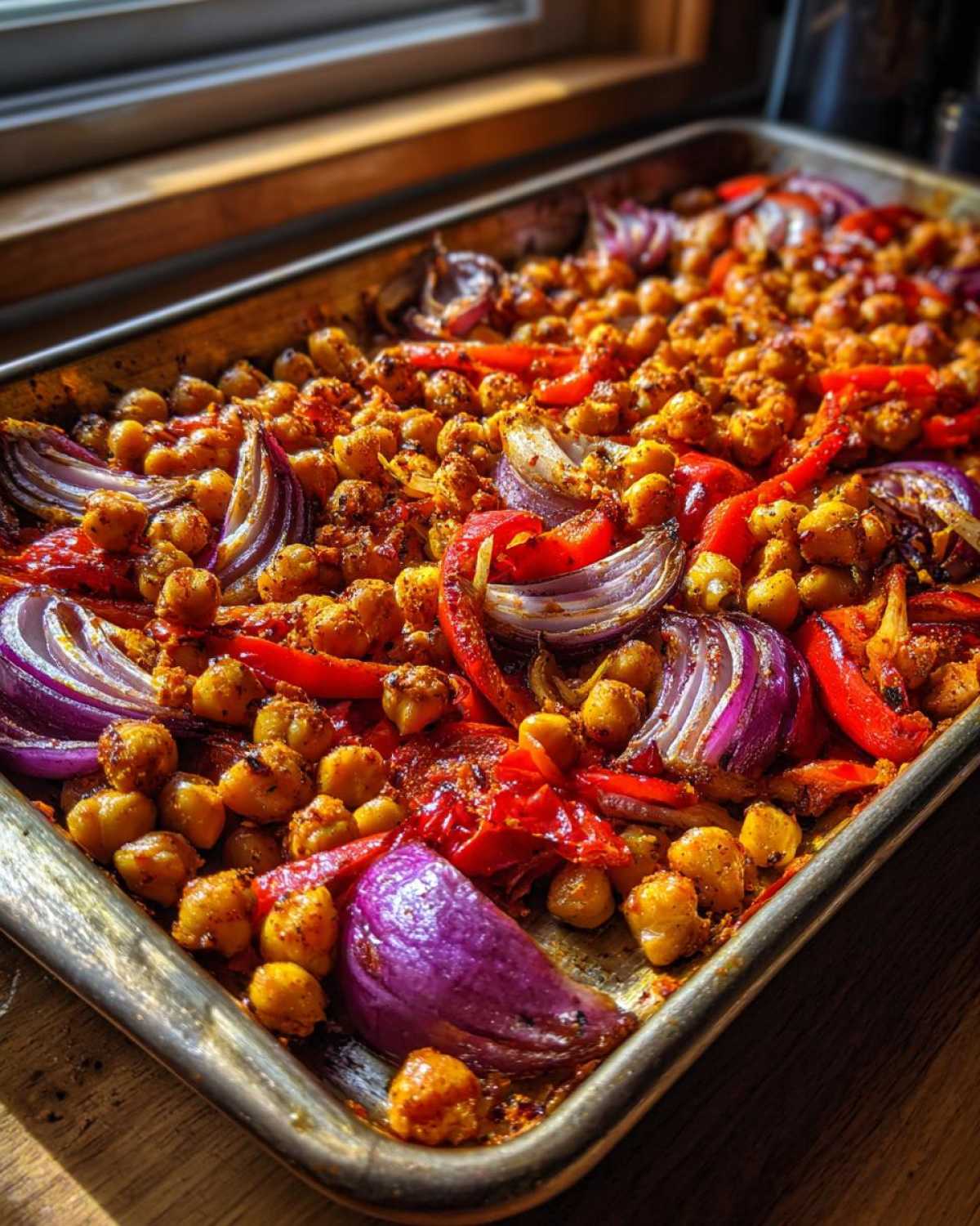 Close-up of roasted chickpeas, red peppers, and bright purple onion wedges on a sheet pan for Vegan One-Pan Chickpea Shawarma.