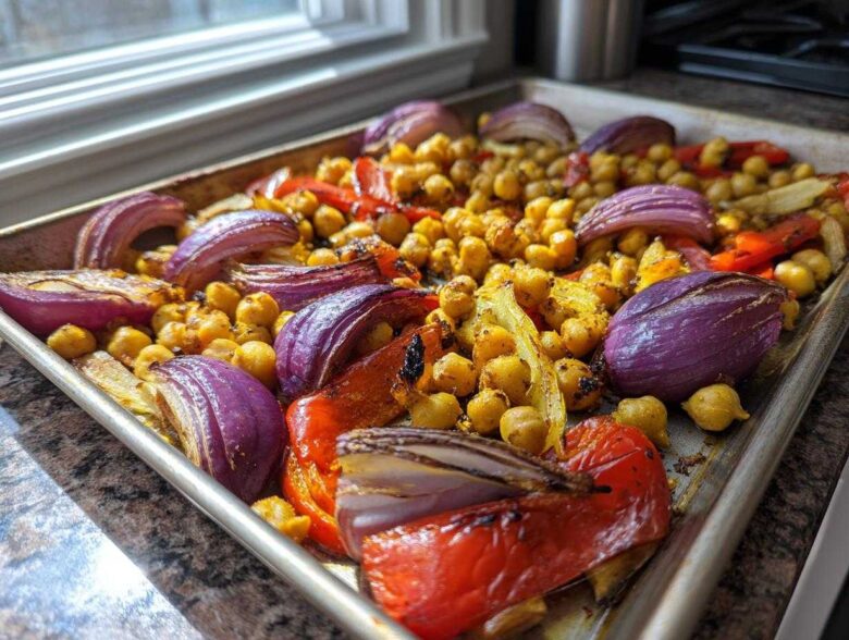 Close-up of roasted chickpeas, red onion wedges, and bell peppers on a sheet pan for Vegan One-Pan Chickpea Shawarma.