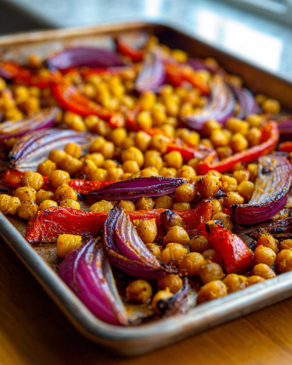 Close-up of roasted chickpeas, red onion wedges, and red pepper pieces on a sheet pan for Vegan One-Pan Chickpea Shawarma.
