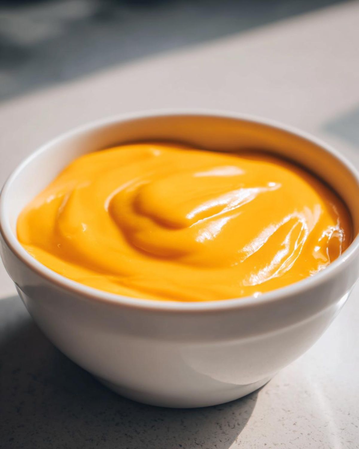 Close-up of thick, bright orange cheese sauce swirled inside a small white bowl.