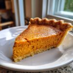 A close-up, appetizing slice of velvety sweet potato pie with a golden-brown crust on a white plate.