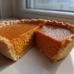 A close-up of a slice cut from a small sweet potato pie, showing the rich orange filling and flaky crust.
