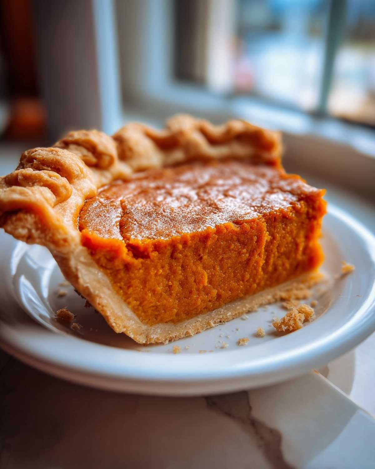 A close-up of one slice of velvety sweet potato pie on a white plate, showing the bright orange filling and crimped crust.