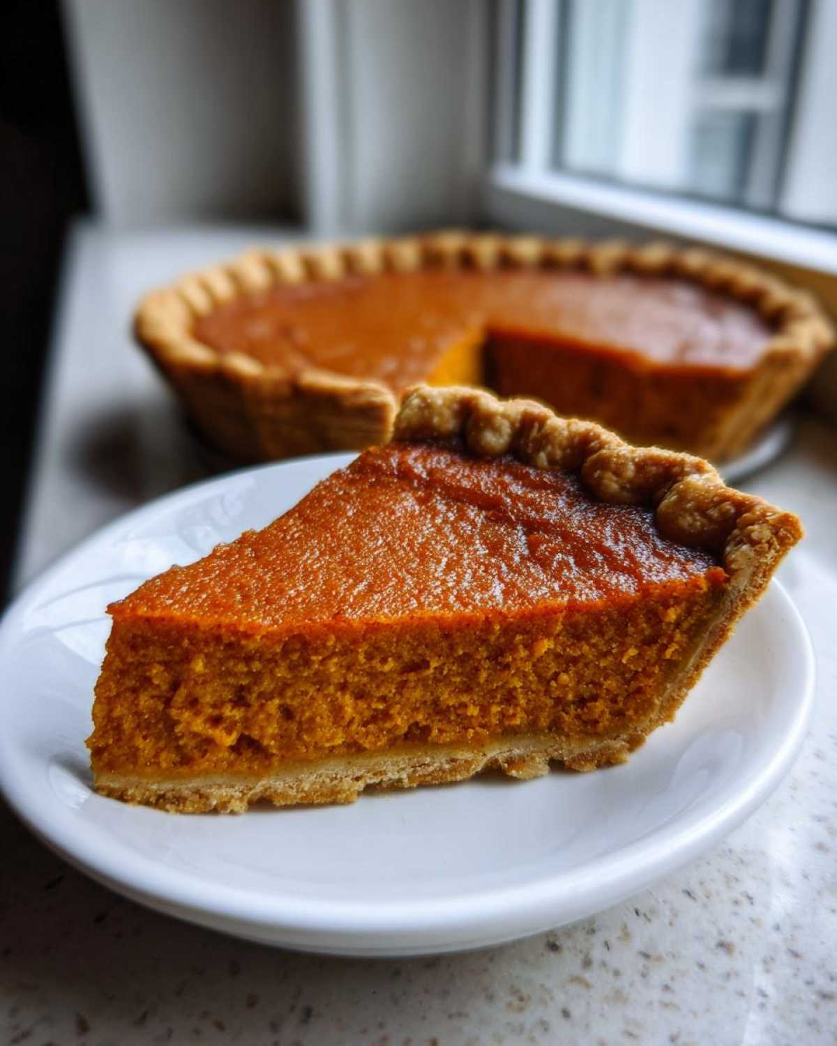 A close-up of one perfect slice of velvety sweet potato pie resting on a white plate, with the rest of the pie blurred in the background.