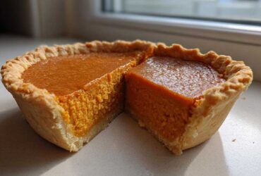 A close-up of a slice cut from a small sweet potato pie, showing the rich orange filling and flaky crust.