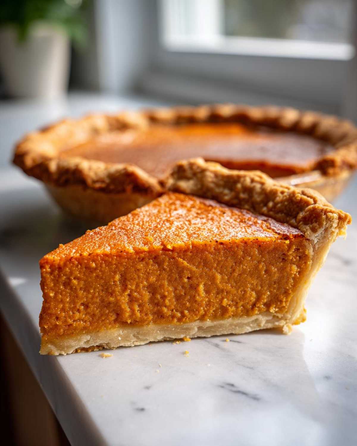 A thick, velvety slice of sweet potato pie sits in the foreground with the rest of the pie blurred in the background.