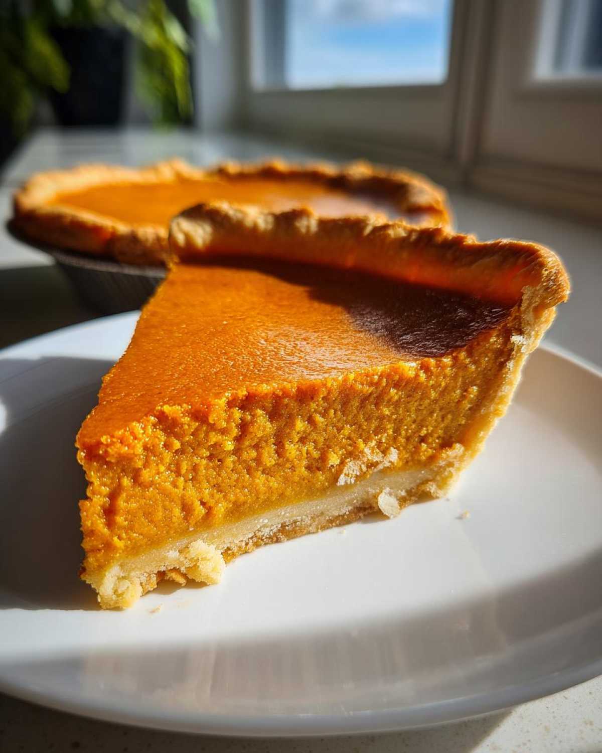 A thick, velvety slice of bright orange sweet potato pie rests on a white plate, with the rest of the pie visible in the background.