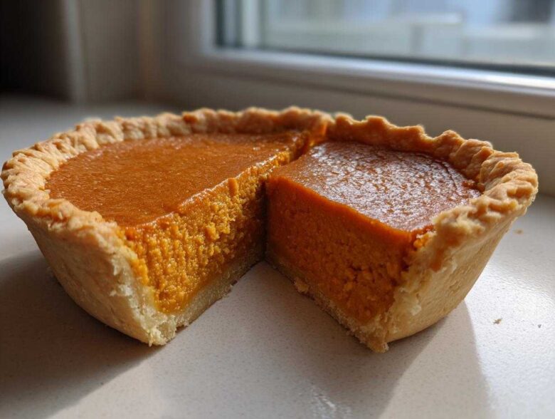 A close-up of a slice cut from a small sweet potato pie, showing the rich orange filling and flaky crust.