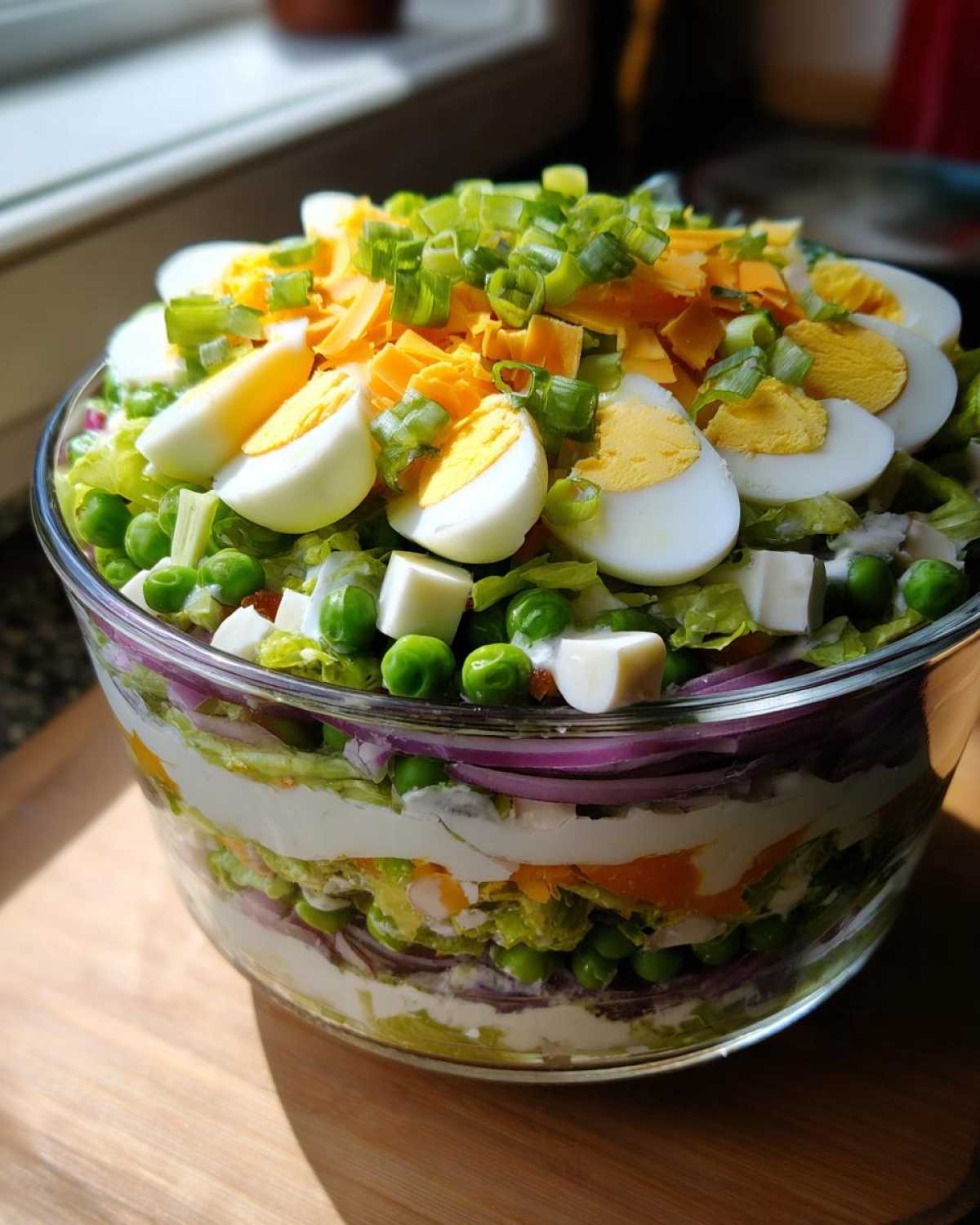 A tall, clear glass bowl filled with a vibrant 7 layer salad, topped with sliced eggs, cheddar cheese, and green onions.