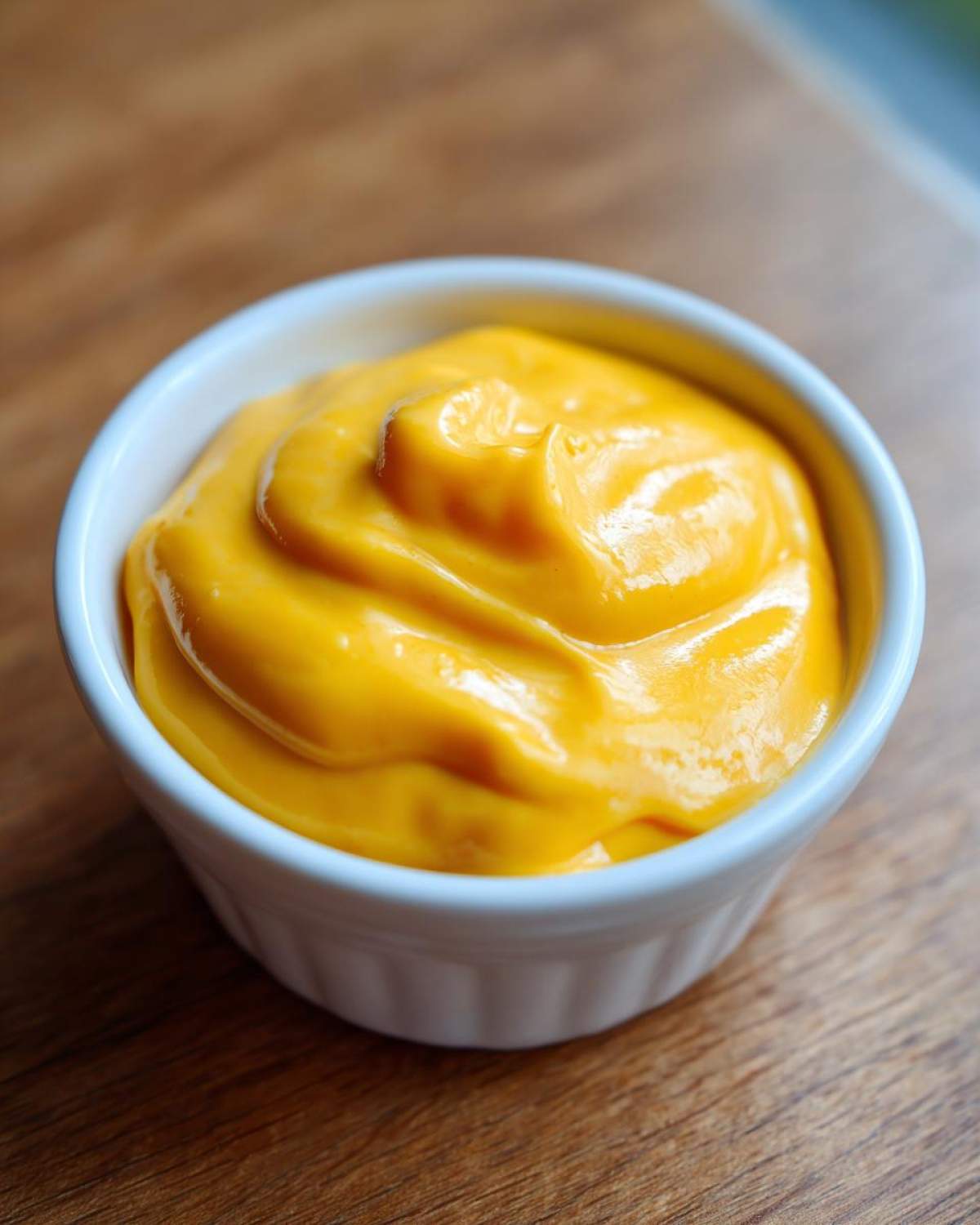 Close-up of a small white ramekin filled with thick, vibrant yellow cheese sauce.
