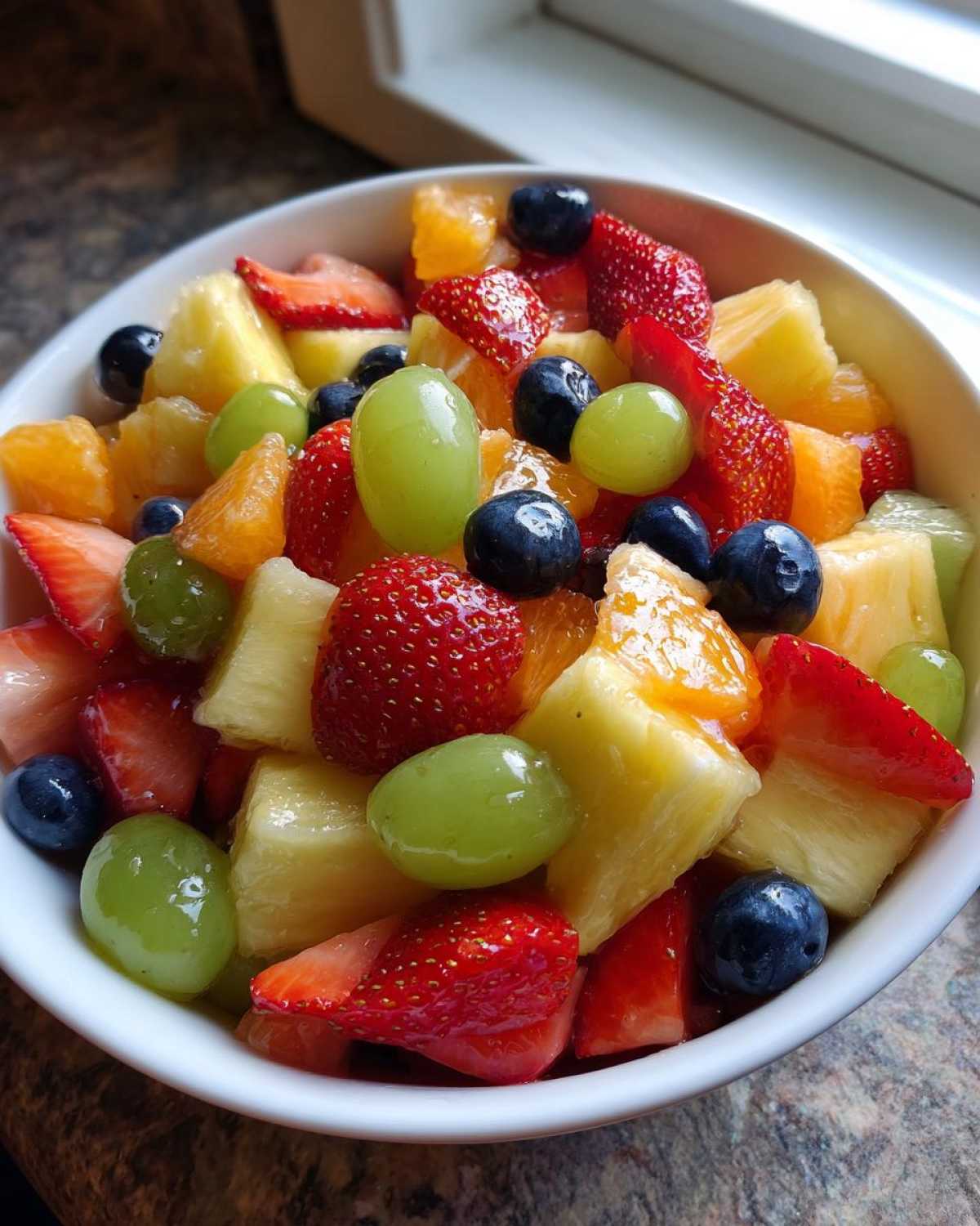 Close-up of a white bowl filled with a colorful Fruit Salad featuring strawberries, pineapple, grapes, and blueberries.