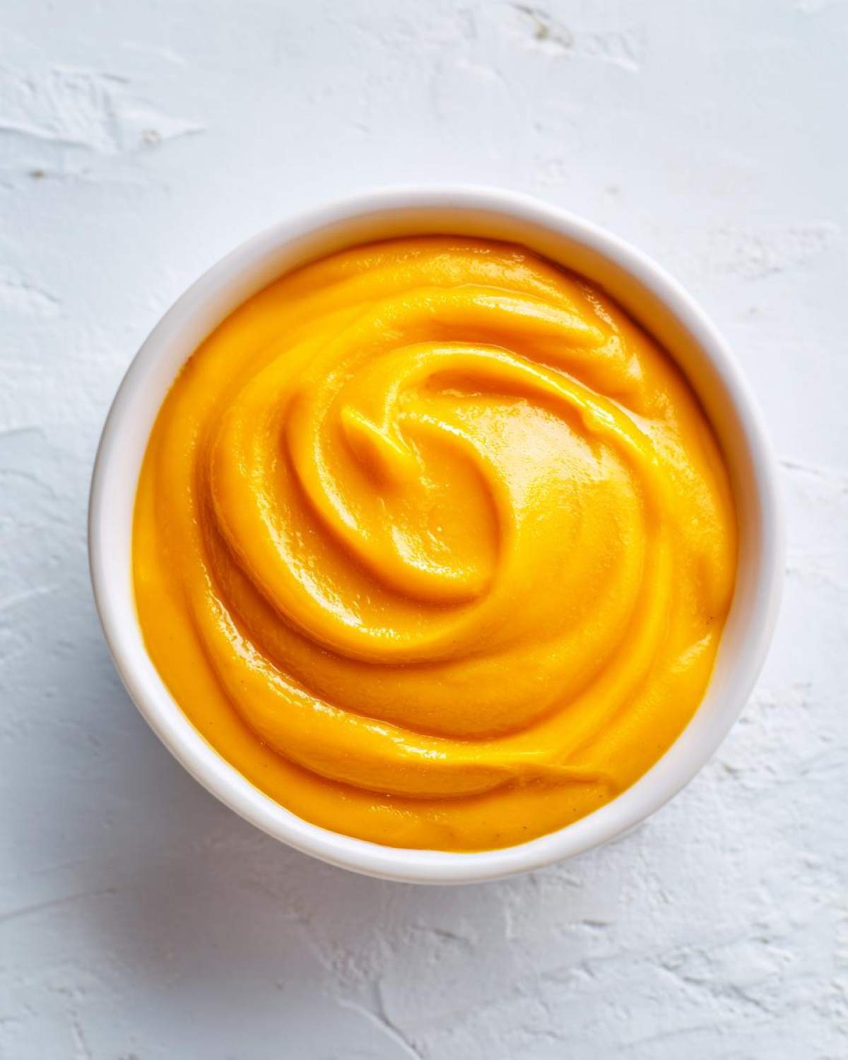 Overhead view of a vibrant orange cheese sauce swirled beautifully in a small white bowl.