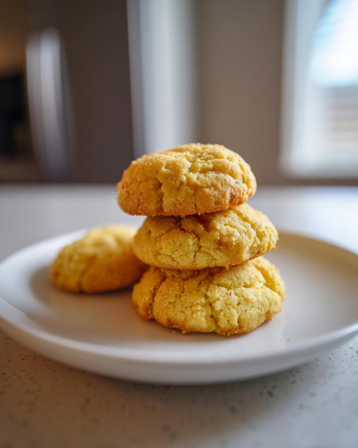 A stack of three golden yellow cake mix cookies sitting on a white plate.