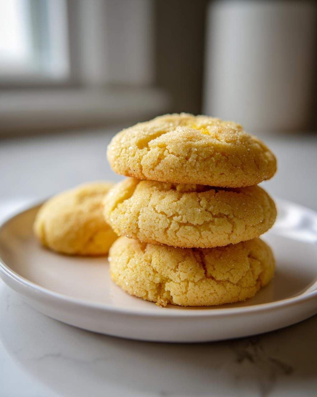 A stack of three soft, yellow cake mix cookies coated in sugar resting on a white plate.