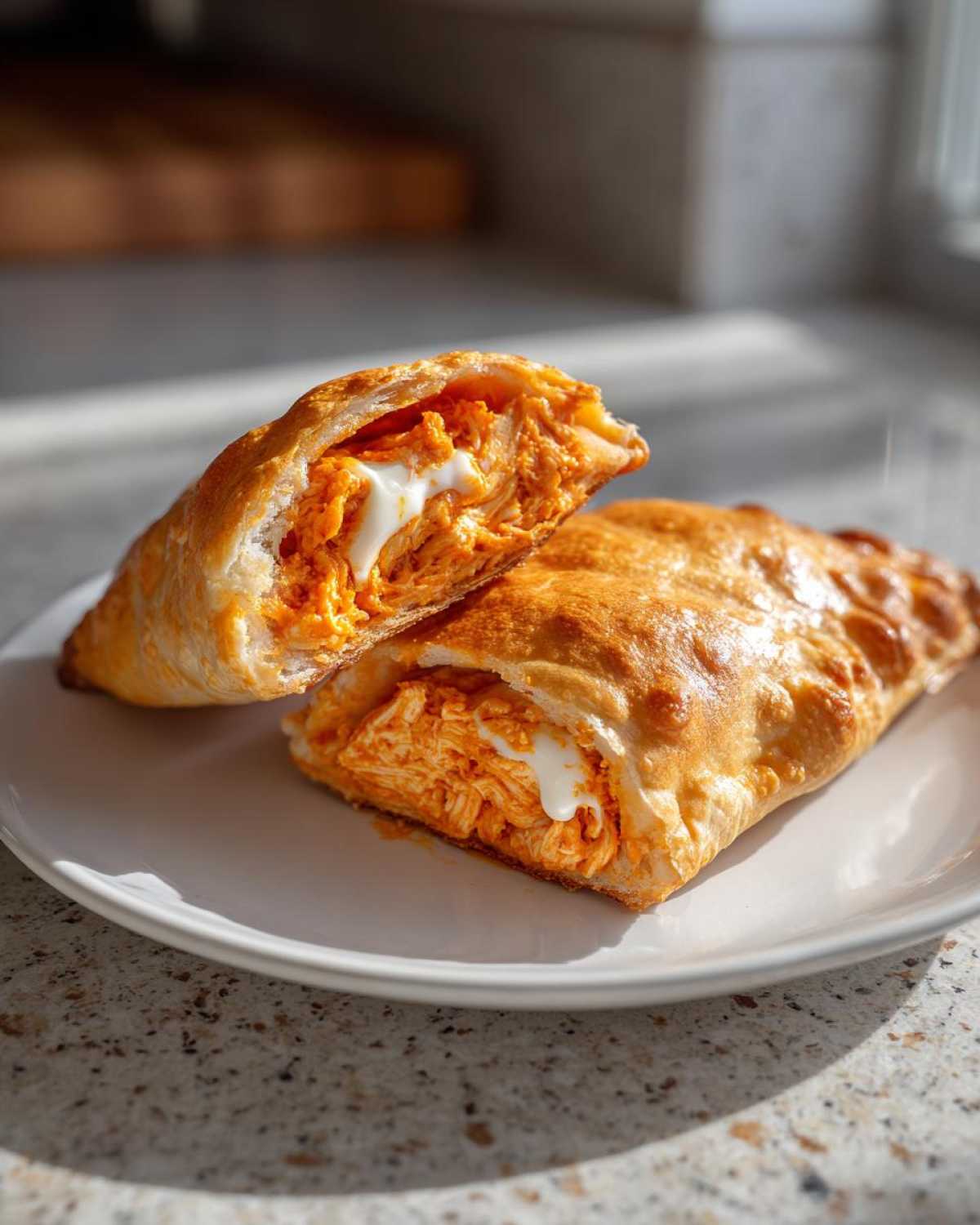 Two golden-brown Buffalo Chicken Pockets on a white plate, one cut open revealing shredded orange buffalo chicken filling and melted white cheese.