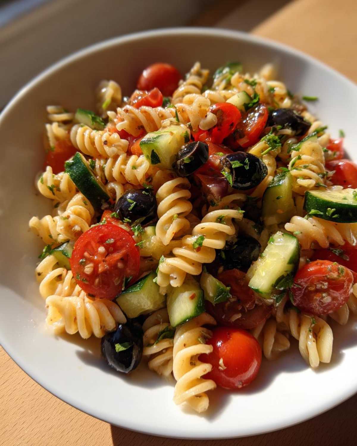 Close-up of a white bowl filled with colorful Pasta Salad featuring rotini, cherry tomatoes, cucumbers, and black olives.