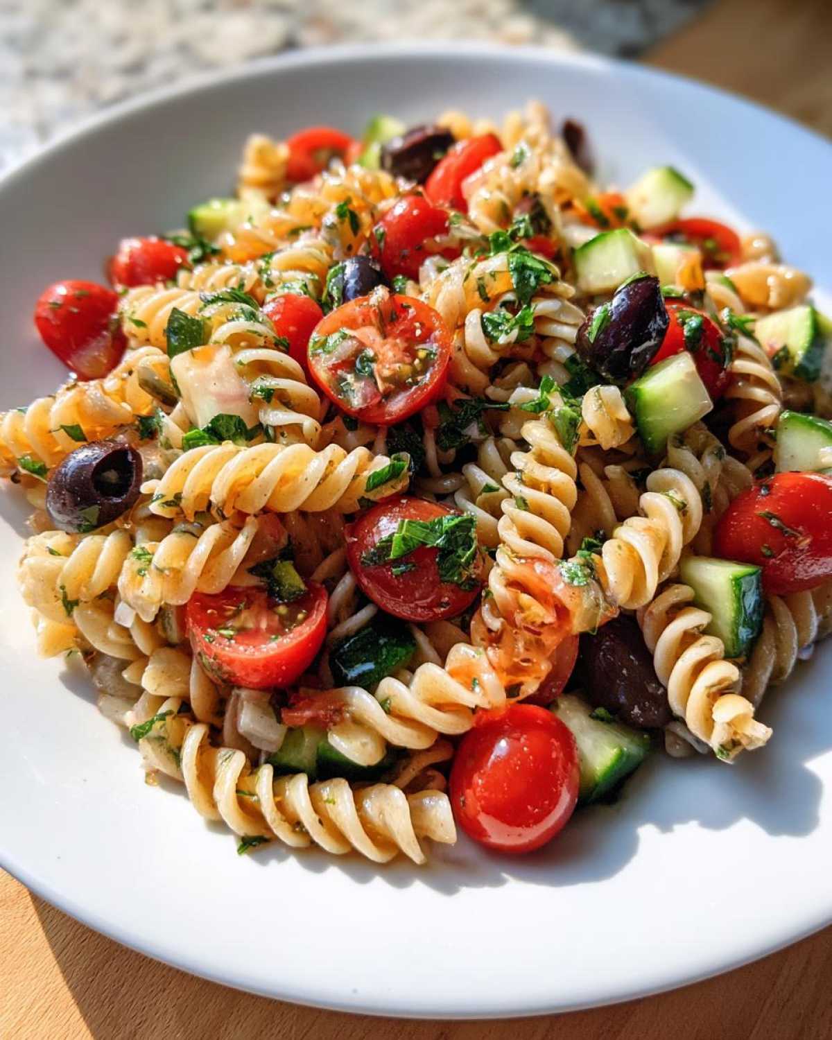 Close-up of a vibrant Pasta Salad featuring rotini pasta, halved cherry tomatoes, chopped cucumbers, and black olives.