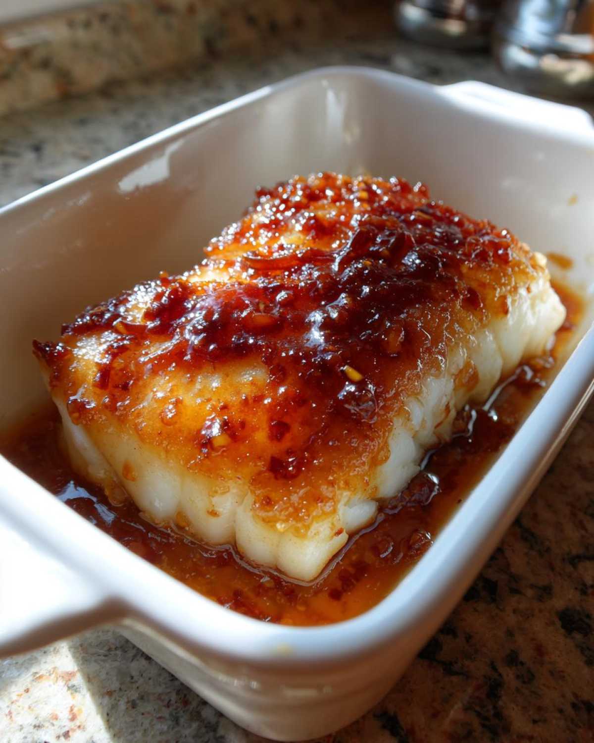 A thick fillet of white fish, likely Baked Cod with Honey Garlic Sauce, covered in a thick, glossy, reddish-orange sauce.