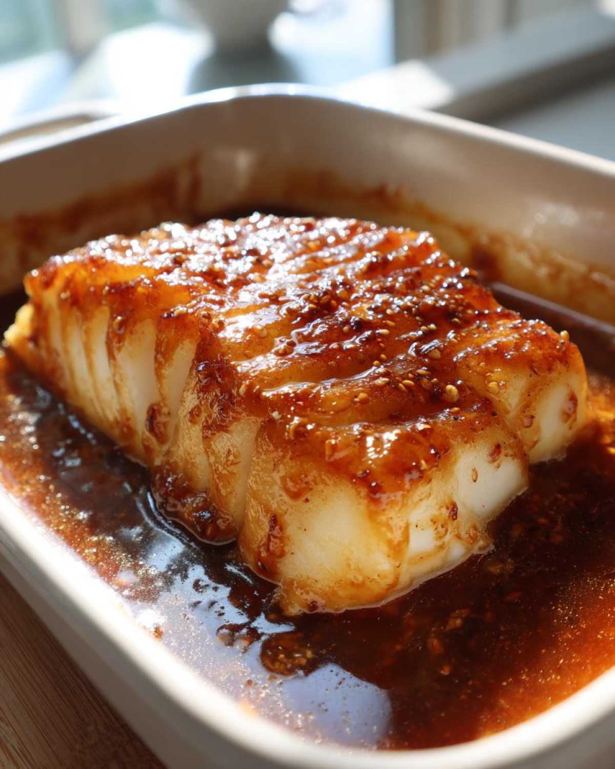 Close-up of a thick fillet of Baked Cod with Honey Garlic Sauce, glistening with glaze and sesame seeds.