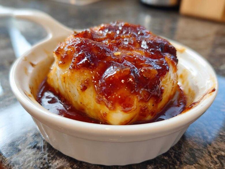 Close-up of a piece of baked cod covered in a thick, shiny honey garlic sauce, served in a small white ramekin.