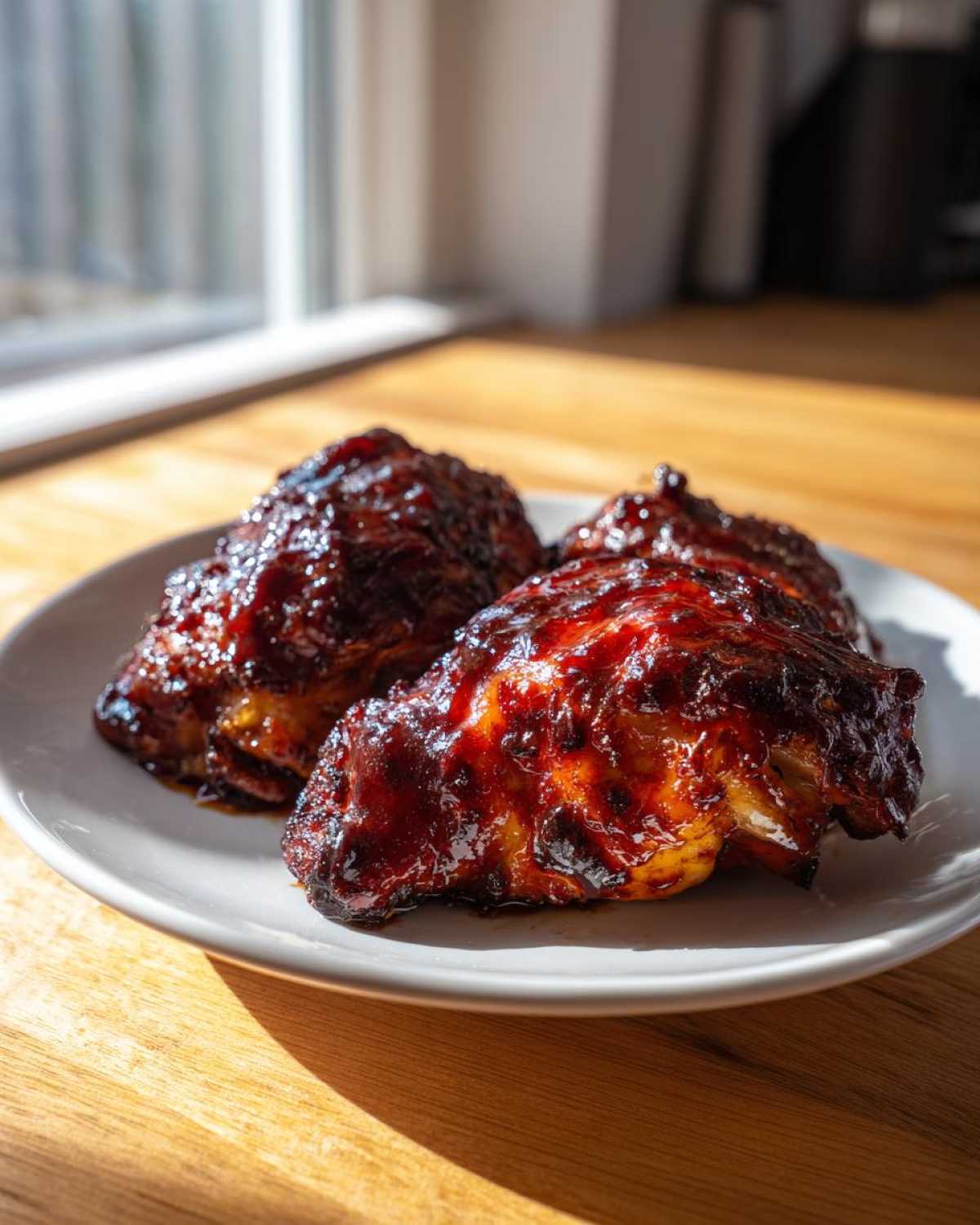Three pieces of shiny, dark glazed Baked Huli Huli Chicken resting on a white plate.