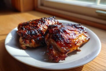 Two pieces of deeply glazed Baked Huli Huli Chicken thighs resting on a white plate, catching sunlight.