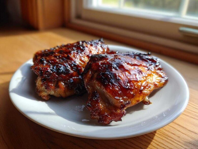 Two pieces of deeply glazed Baked Huli Huli Chicken thighs resting on a white plate, catching sunlight.