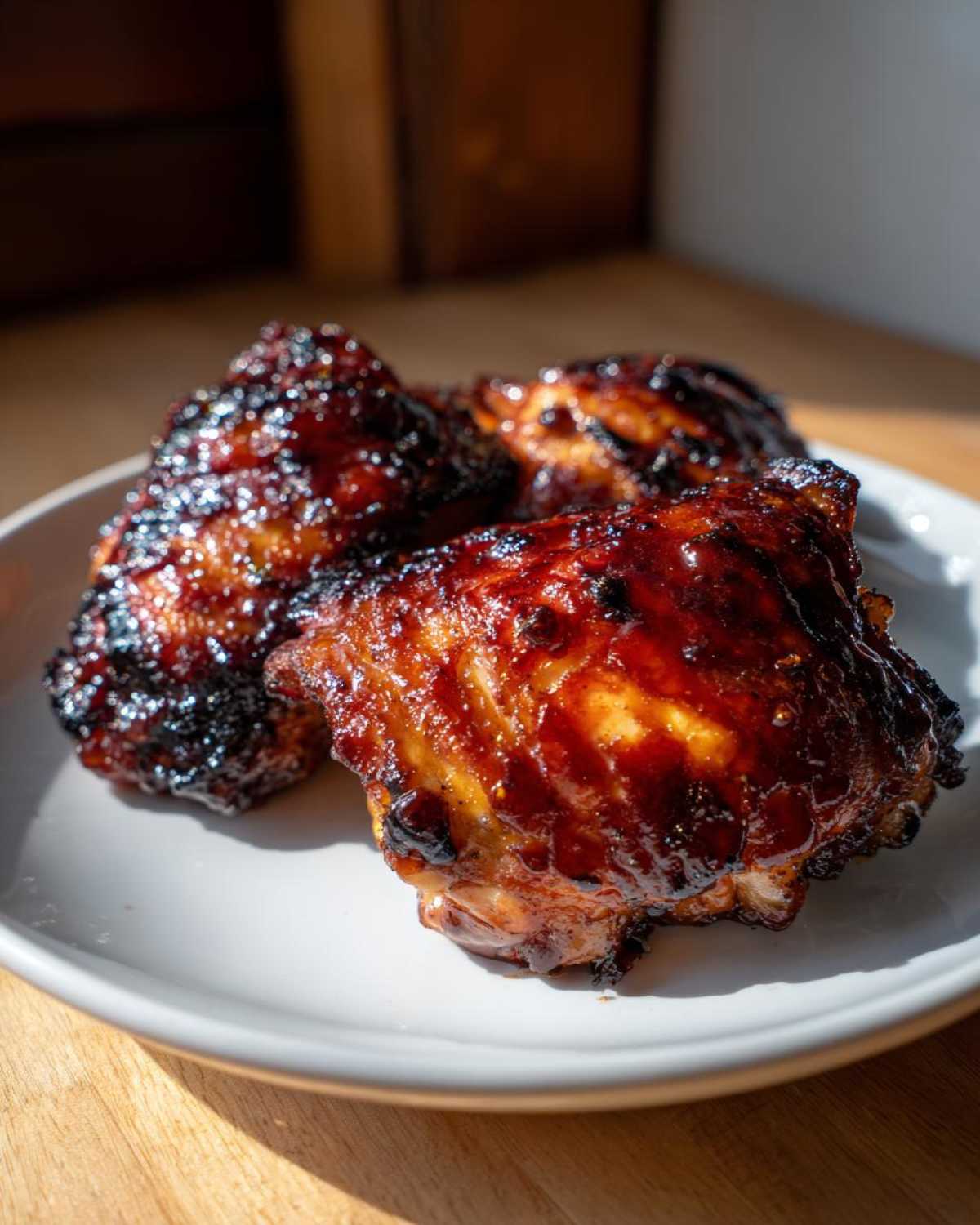 Three pieces of glistening, dark-glazed Baked Huli Huli Chicken thighs resting on a white plate.