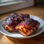 Close-up of three pieces of shiny, dark glazed Baked Huli Huli Chicken thighs served on a white plate.