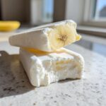 Two creamy white Banana Coconut Popsicles stacked, showing a cross-section revealing a whole frozen banana piece inside one.