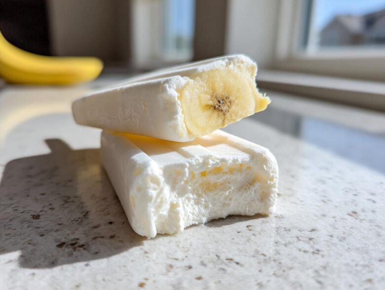 Two creamy white Banana Coconut Popsicles stacked, showing a cross-section revealing a whole frozen banana piece inside one.