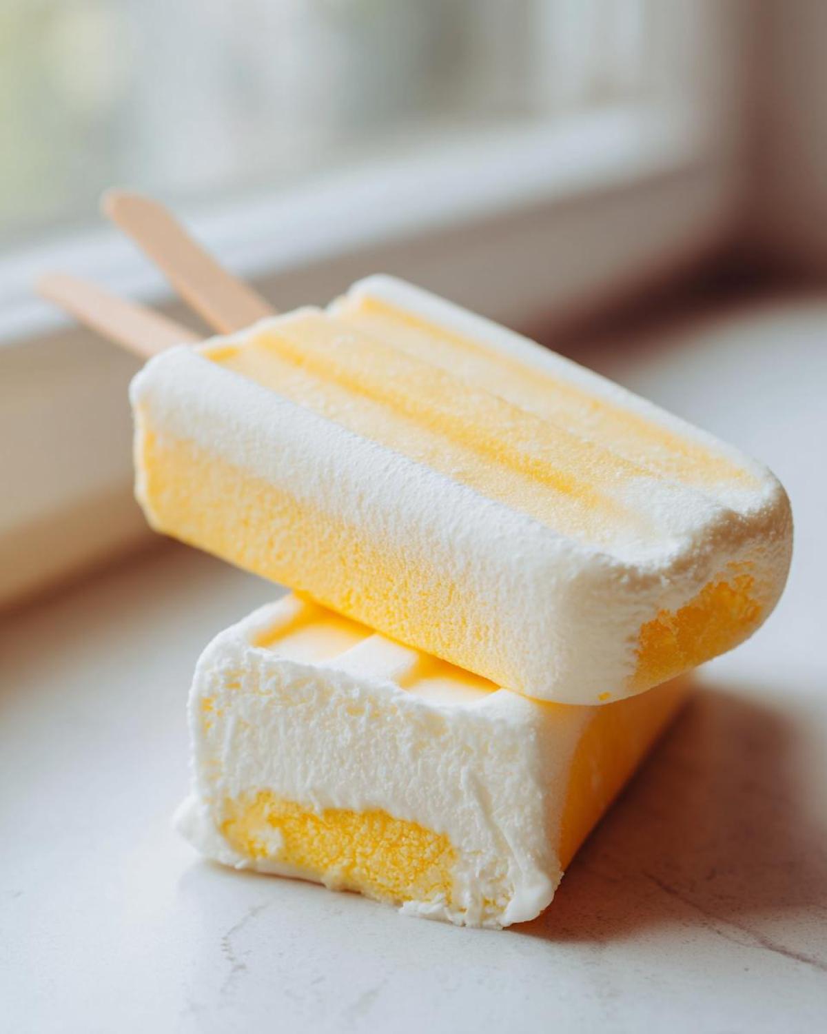 Two layered Banana Coconut Popsicles, one resting on top of the other, showing yellow fruit filling and white coconut coating.