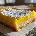 A close-up, sunlit photo of a single, thick slice of bright yellow Lemon Bars dusted heavily with white powdered sugar.
