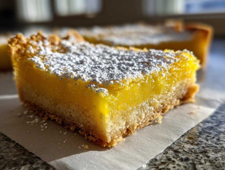 A close-up, sunlit photo of a single, thick slice of bright yellow Lemon Bars dusted heavily with white powdered sugar.