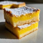 Close-up of two stacked, bright yellow Lemon Bars dusted generously with white powdered sugar.