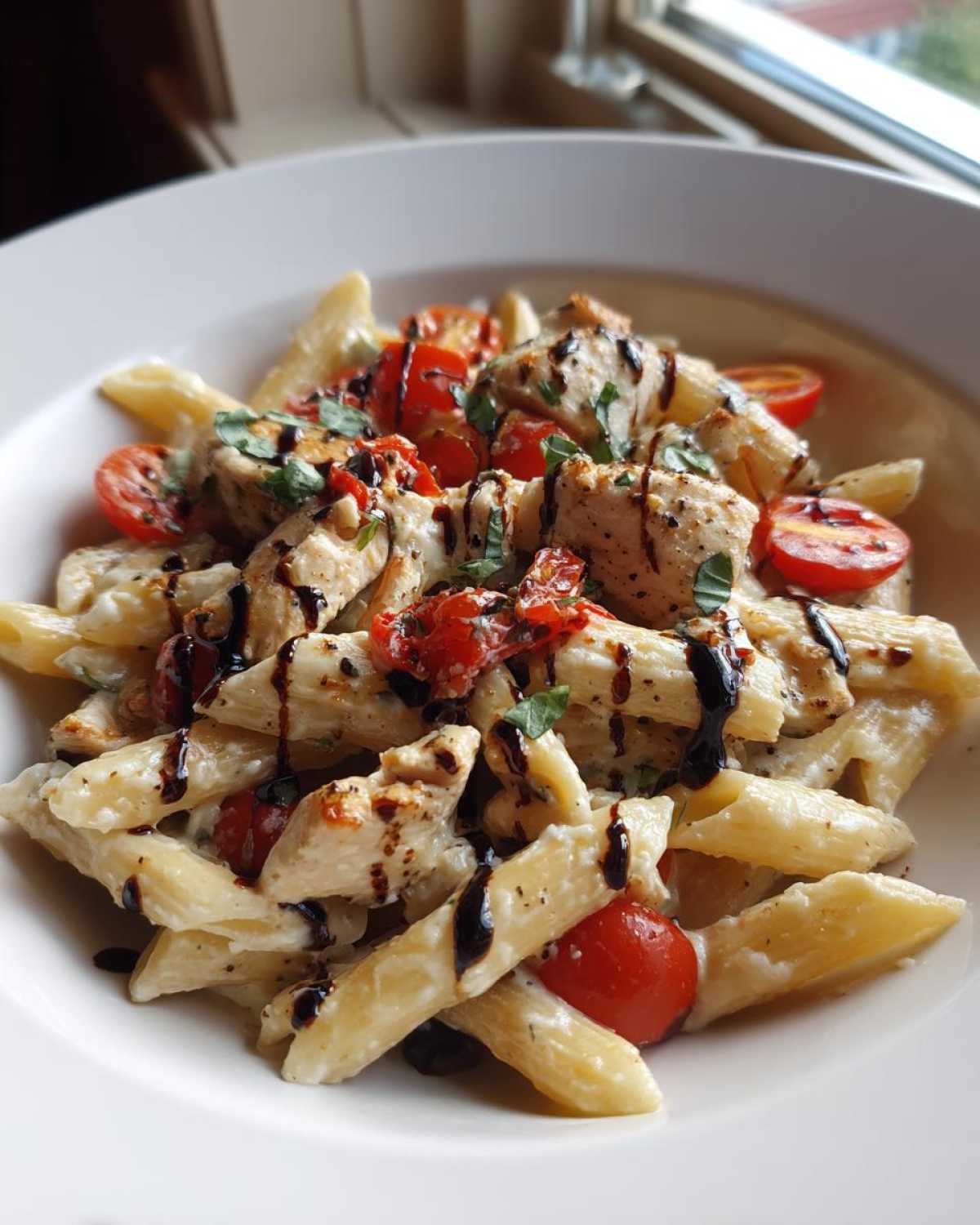 Close-up of creamy Bruschetta Chicken Pasta featuring penne, chicken chunks, cherry tomatoes, and a balsamic glaze drizzle.