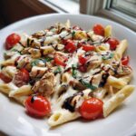 Close-up of creamy Bruschetta Chicken Pasta featuring penne, grilled chicken, cherry tomatoes, and a balsamic glaze drizzle.