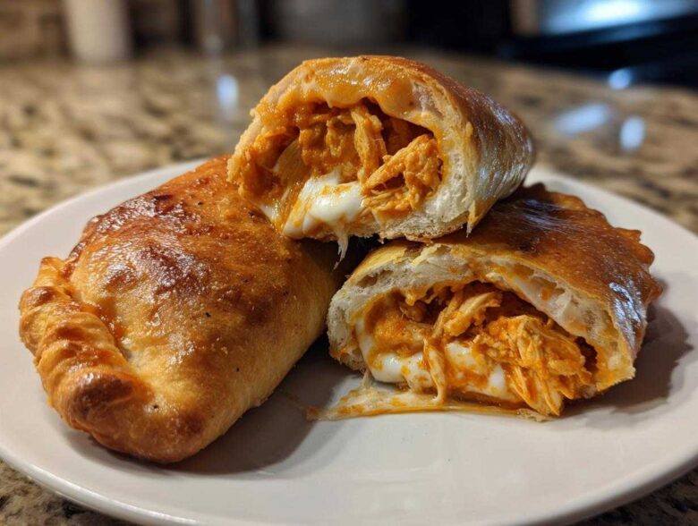 Close-up of Buffalo Chicken Pockets cut open showing shredded chicken filling and melted cheese.