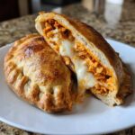 Two golden-brown Buffalo Chicken Pockets on a white plate, one cut open showing shredded chicken and stretchy melted cheese.