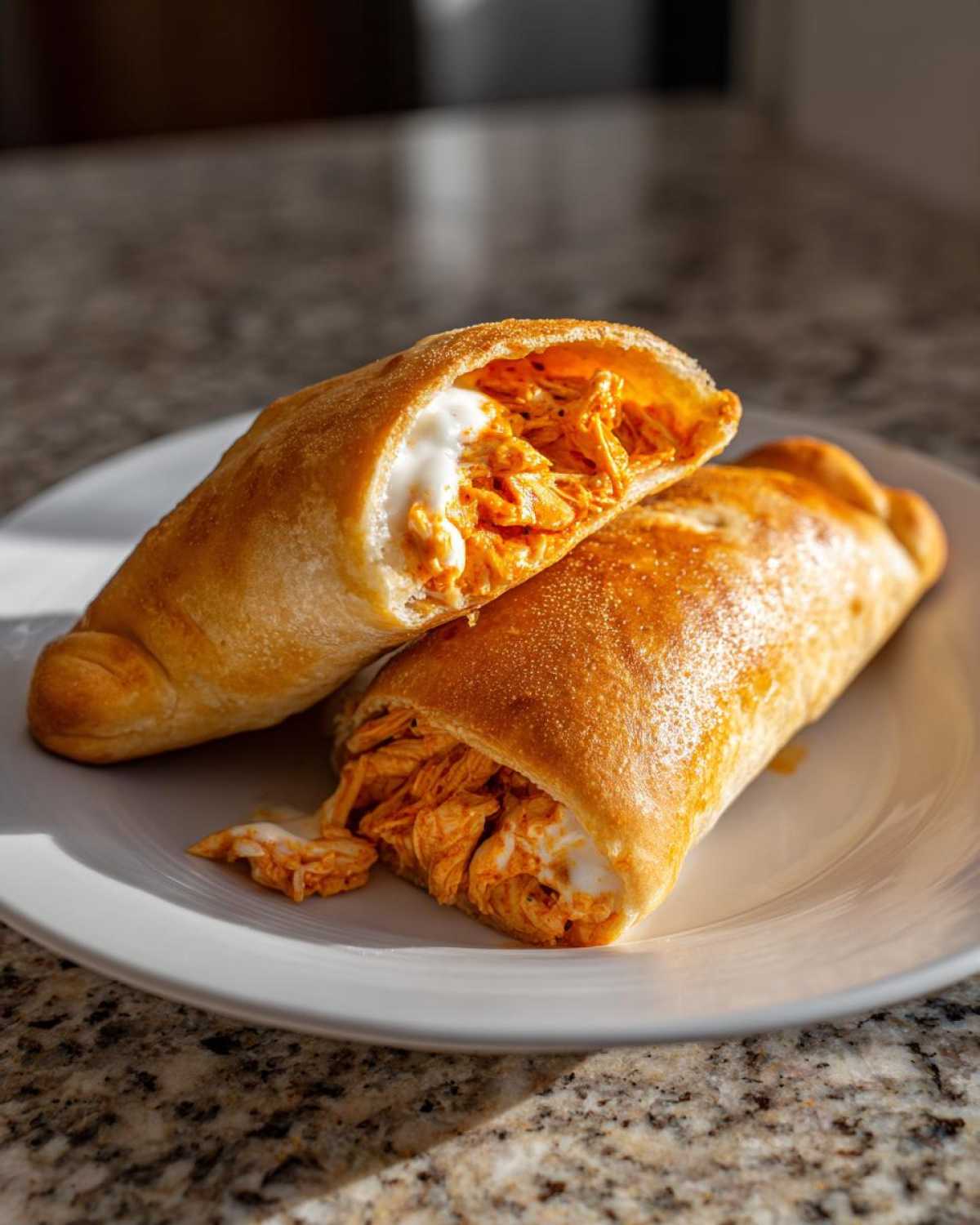 Two halves of a golden-brown Buffalo Chicken Pockets, cut open to show the shredded orange buffalo chicken and melted cheese filling.