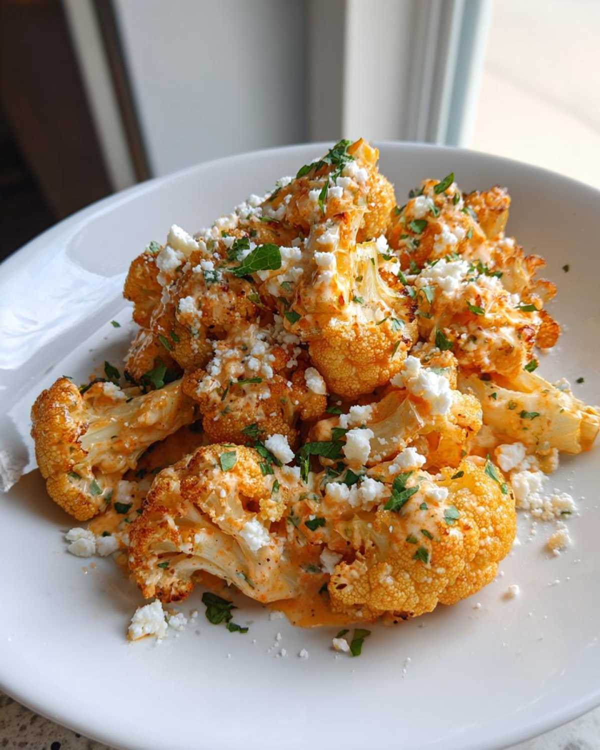 Close-up of roasted Cauliflower Elote florets covered in creamy sauce, crumbled white cheese, and fresh parsley.