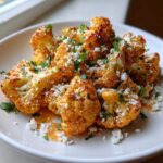 Close-up of roasted Cauliflower Elote florets topped with crumbled white cheese and fresh cilantro.