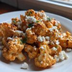 Close-up of roasted, seasoned Cauliflower Elote florets topped with crumbled white cheese and fresh herbs on a white plate.
