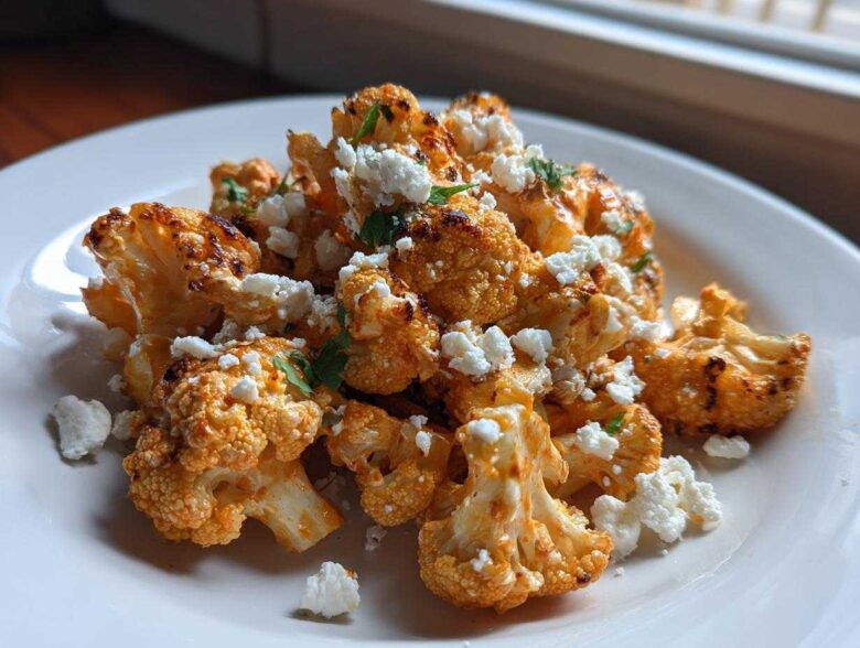 Close-up of roasted, seasoned Cauliflower Elote florets topped with crumbled white cheese and fresh herbs on a white plate.