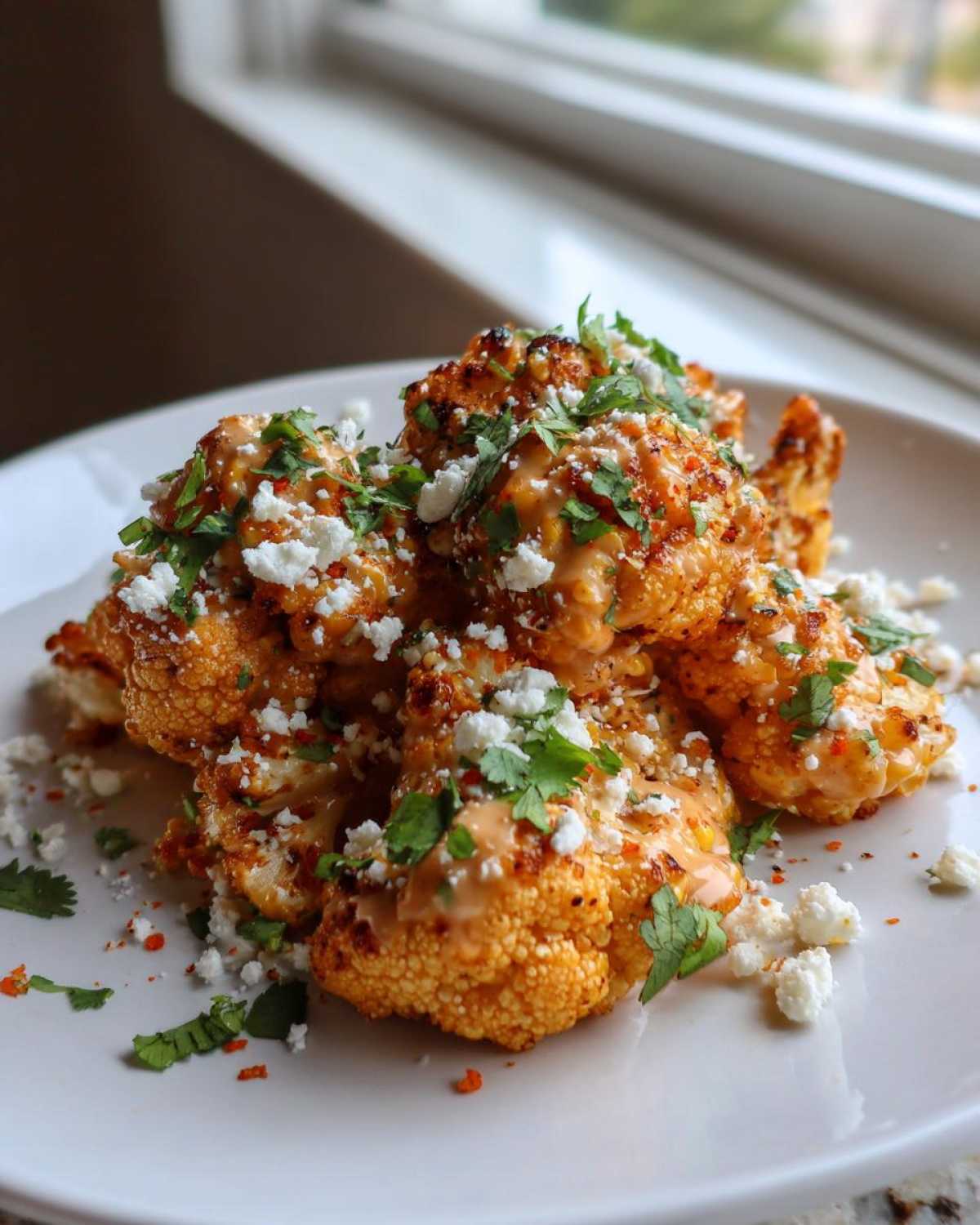 Close-up of roasted Cauliflower Elote florets drizzled with creamy sauce, crumbled white cheese, and fresh cilantro.