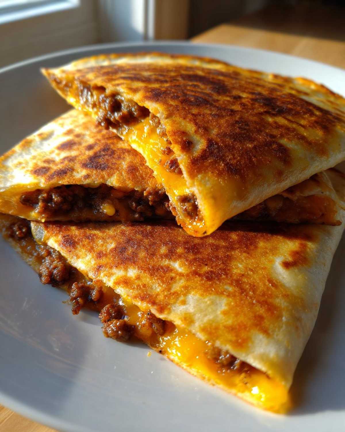 Close-up of stacked, golden-brown Cheesy Ground Beef Quesadillas oozing melted orange cheese and seasoned ground beef filling.