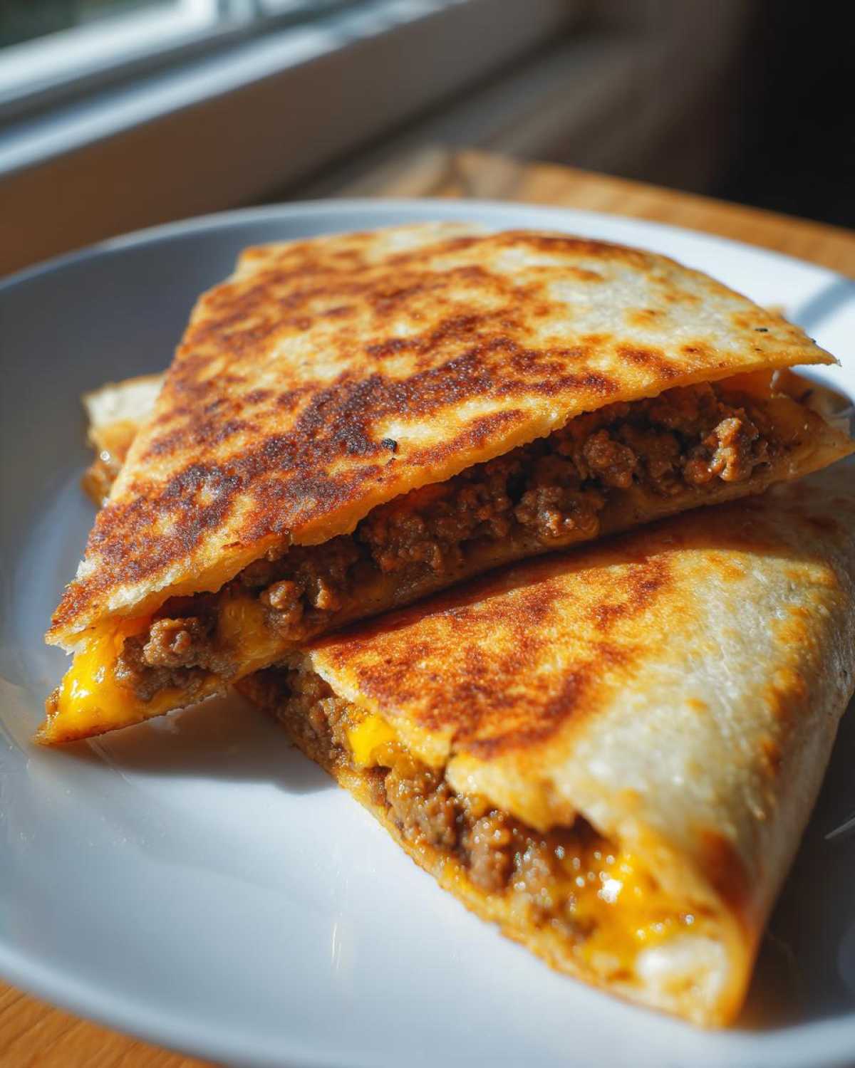 Two halves of a perfectly grilled Cheesy Ground Beef Quesadillas stacked on a white plate, showing melted cheese and savory filling.